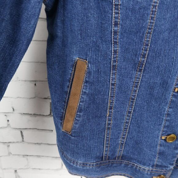 RUBY RD BLUE DENIM CROPPED JEAN JACKET WITH BROWN FAUX SUEDE DETAIL SIZE 10 - Picture 7 of 10